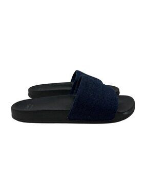 Women's Black Slide Sandals with Dark Blue Fabric Strap